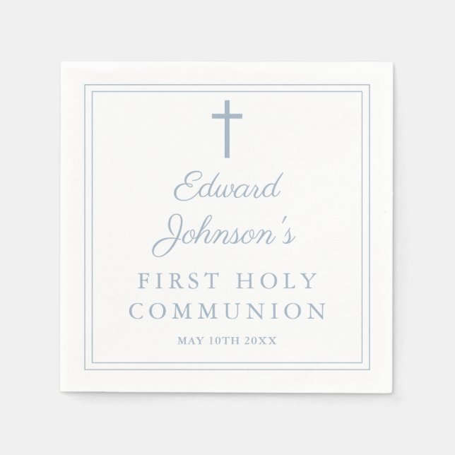 Elegant Dusty Blue Border First Holy Communion Napkins (Front)