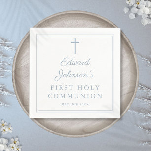 Elegant Dusty Blue Border First Holy Communion Napkins