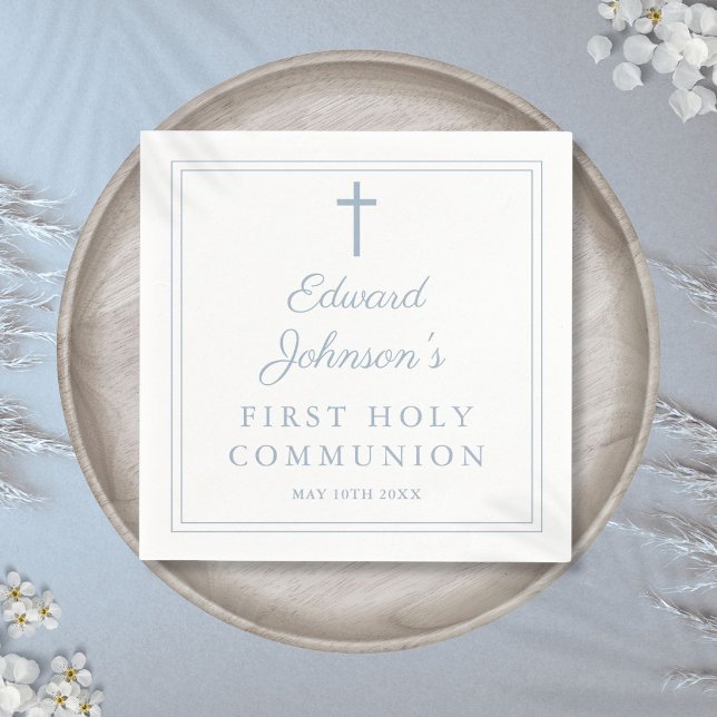 Elegant Dusty Blue Border First Holy Communion Napkins (Elegant Dusty Blue Border First Holy Communion Napkins)
