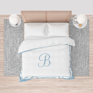 Elegant Dusty Blue Border Script Monogram King Duvet Cover