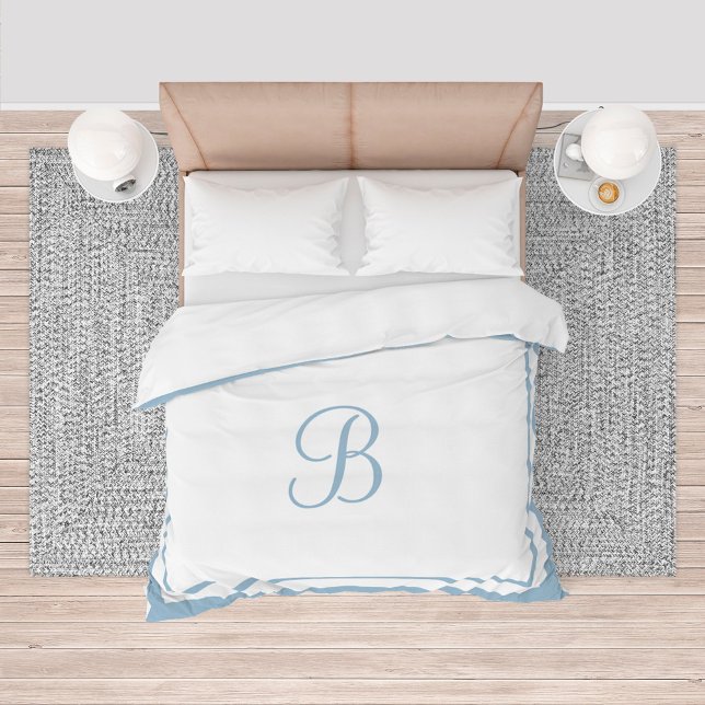 Elegant Dusty Blue Border Script Monogram King Duvet Cover (Creator Uploaded)