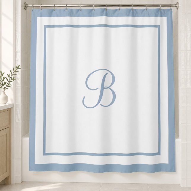 Elegant Dusty Blue Border Script Monogram Shower Curtain (Creator Uploaded)