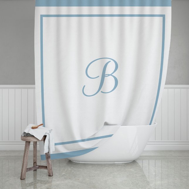 Elegant Dusty Blue Border Script Monogram Shower Curtain (Creator Uploaded)