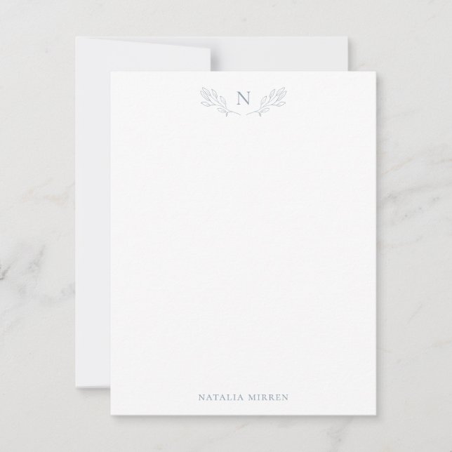 Elegant Dusty Blue Botanical Branch Monogram Note Card (Front)