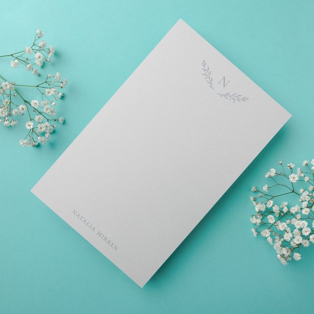Elegant Dusty Blue Botanical Branches Monogram Note Card (Creator Uploaded)
