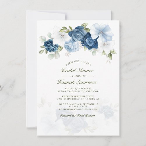 Elegant Dusty Blue Botanical Floral Bridal Shower Invitation