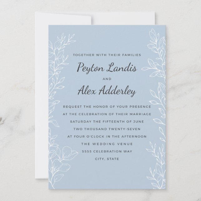 Elegant Dusty Blue Botanical Line Art Wedding Invitation (Front)