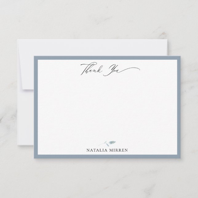 Elegant Dusty Blue Botanical Thank You Note Card (Front)