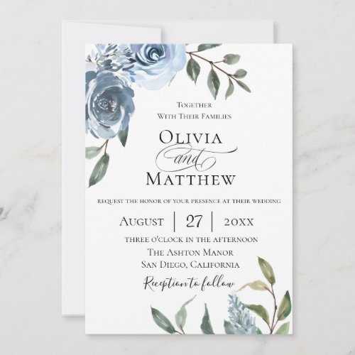 Elegant Dusty Blue Botanical Wedding Invitation