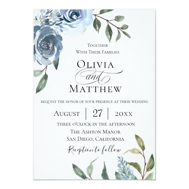 Elegant Dusty Blue Botanical Wedding Invitation
