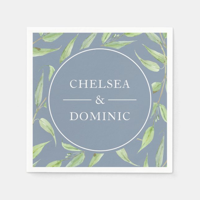 Elegant Dusty Blue Botanical Wedding Napkins (Front)