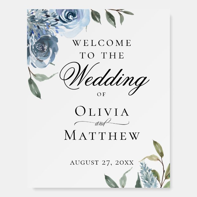 Elegant Dusty Blue Botanical Wedding Welcome Foam Board (Front)