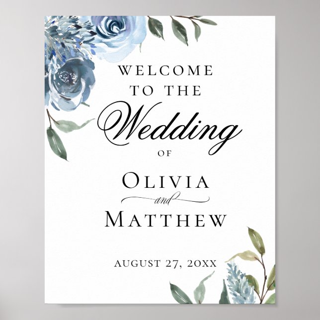Elegant Dusty Blue Botanical Wedding Welcome Poster (Front)