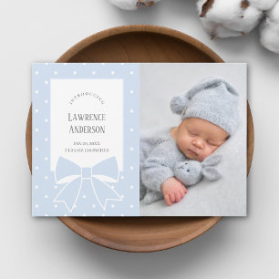 Elegant Dusty Blue Bow Baby Boy 2 Photo Birth Announcement
