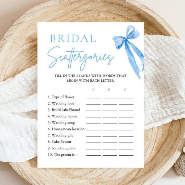 Elegant Dusty Blue Bow Bridal Scattergories Game Invitation (Elegant Dusty Blue Bow Bridal Scattergories Game)