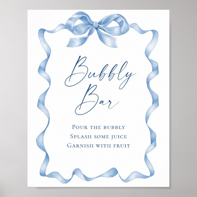 Elegant Dusty Blue Bow Bridal Shower Bubbly Bar Poster (Front)