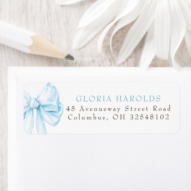 Elegant Dusty Blue Bow Bridal Shower Label (Insitu)