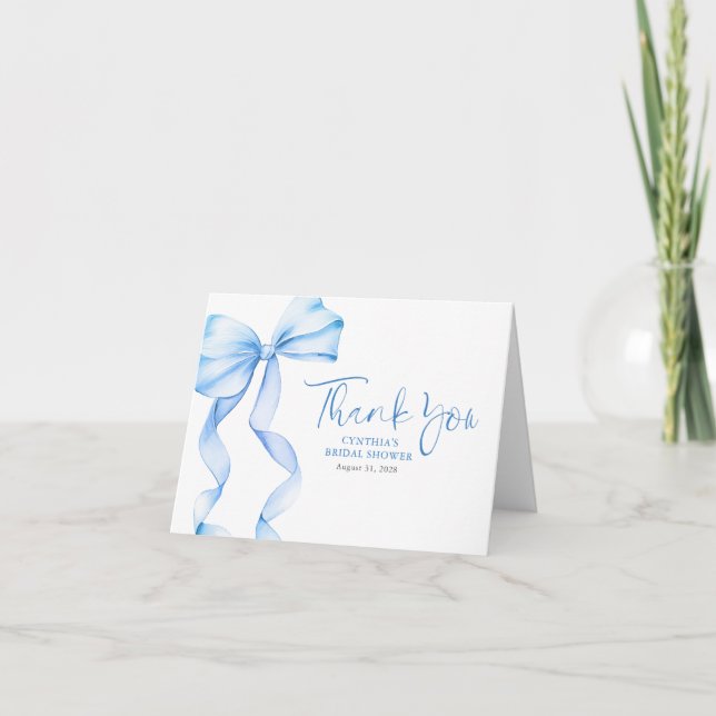 Elegant Dusty Blue Bow Bridal Shower Thank You (Front)
