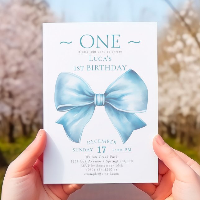 Elegant Dusty Blue Bow First Boy Birthday Invitation (Creator Uploaded)