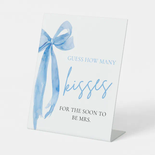Elegant Dusty Blue Bow Guess How Many Kisses Game Pedestal Sign | Zazzle