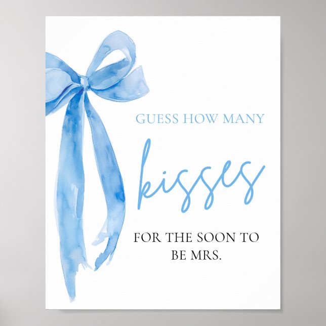 Elegant Dusty Blue Bow Guess How Many Kisses Game Poster (Front)
