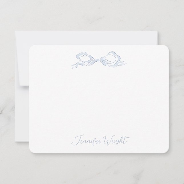 Elegant Dusty Blue Bow Personalized Stationery Note Card (Front)