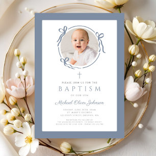 Elegant Dusty Blue Bow Photo Baptism Invitation