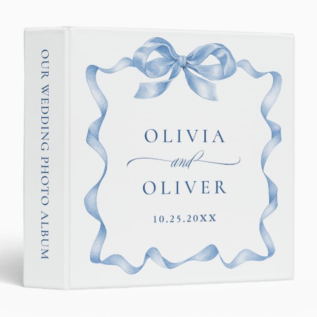 Elegant Dusty Blue Bow Ribbon Wedding photo album 3 Ring Binder (Front/Spine)