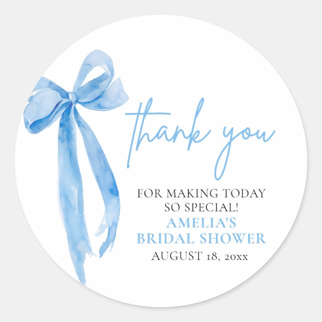 Elegant Dusty Blue Bow Thank you Bridal Shower Classic Round Sticker (Front)