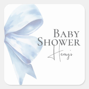 Elegant Dusty Blue Bow Watercolor Baby Shower Boy Square Sticker