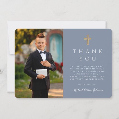 Elegant Dusty Blue Boy First Communion Cross Photo Thank You Card