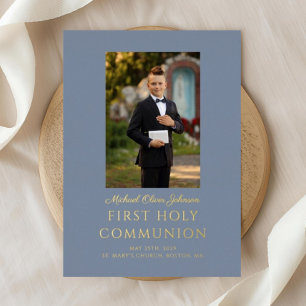 Elegant Dusty Blue Boy Photo First Communion Gold Foil Invitation