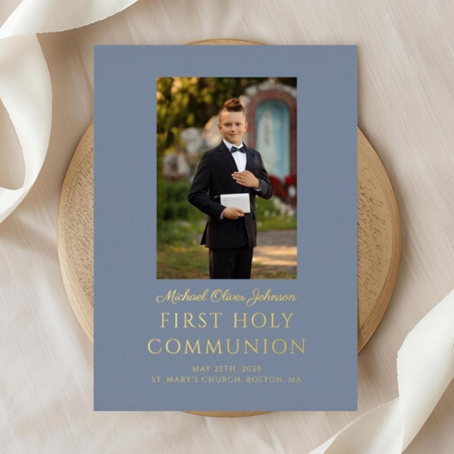 Elegant Dusty Blue Boy Photo First Communion Gold Foil Invitation (Elegant Dusty Blue Boy Photo First Communion Gold Foil Invitation)