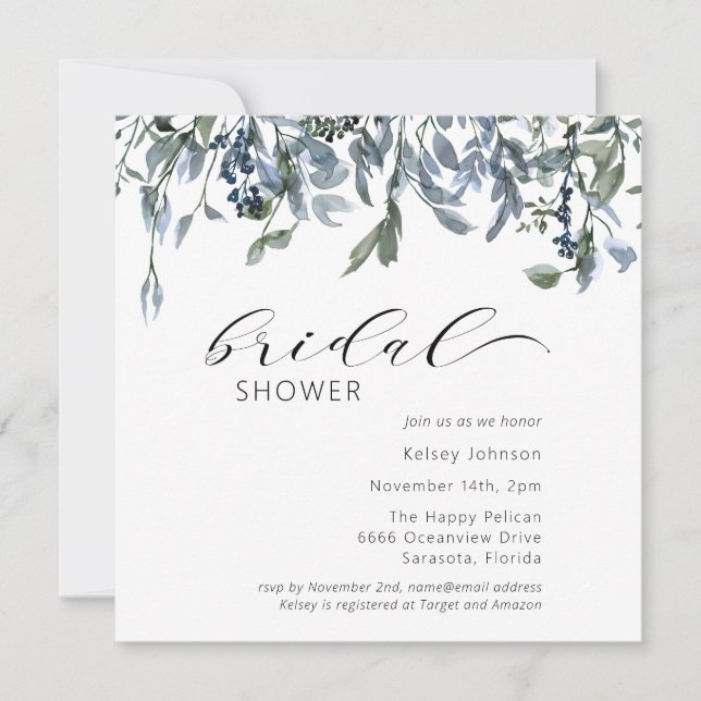 Elegant Dusty Blue Bridal Shower Invitation (Front)
