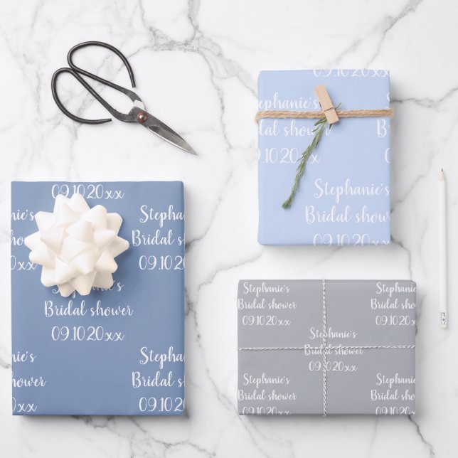 Elegant Dusty Blue Bride Bridal Shower Wrapping Paper Sheets (Front)