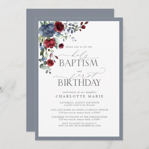 Elegant Dusty Blue Burgundy Baptism 1st Birthday Invitation