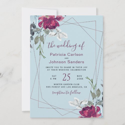 Elegant dusty blue burgundy chic frame wedding invitation
