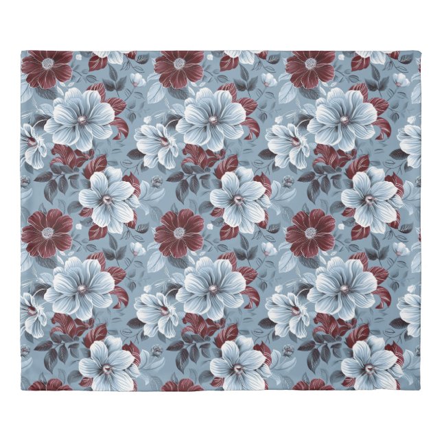 Elegant Dusty Blue & Burgundy Floral Duvet Cover (Front)