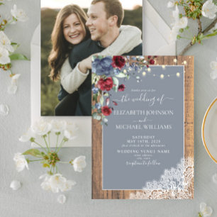 Elegant Dusty Blue Burgundy Floral Lace Wood Invitation