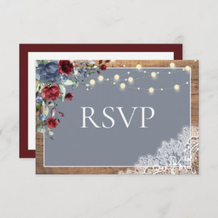Elegant Dusty Blue Burgundy Floral Lace Wood RSVP
