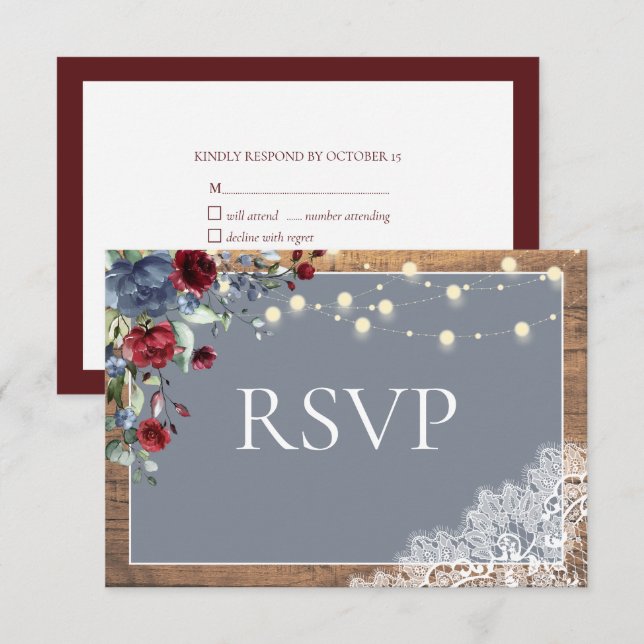Elegant Dusty Blue Burgundy Floral Lace Wood RSVP Card (Front/Back)