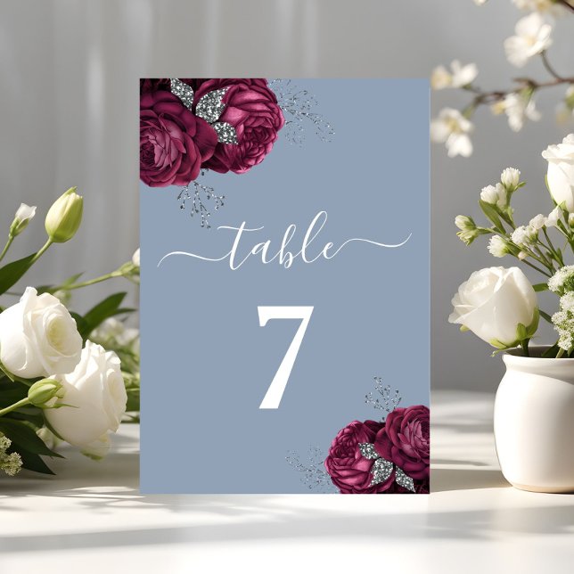 Elegant Dusty Blue Burgundy Floral  Table Number (Elegant Dusty Blue Burgundy Floral Table Number)