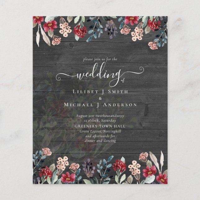Elegant Dusty Blue Burgundy Floral Wedding Flyer (Front)