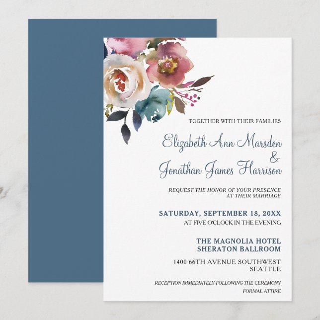 Elegant Dusty Blue Burgundy Floral Wedding Invitation (Front/Back)