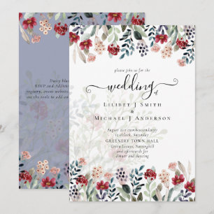 Elegant Dusty Blue Burgundy Floral Wedding Invitation