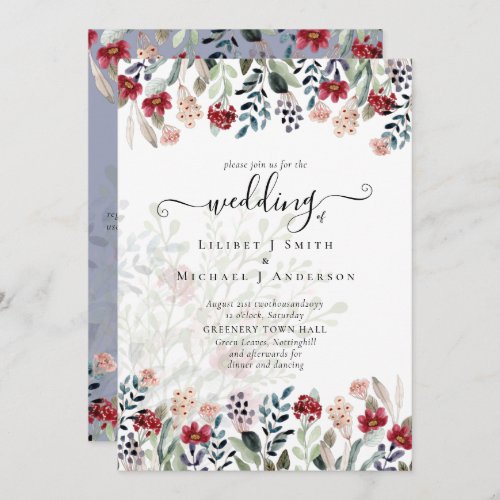 Elegant Dusty Blue Burgundy Floral Wedding Invitation