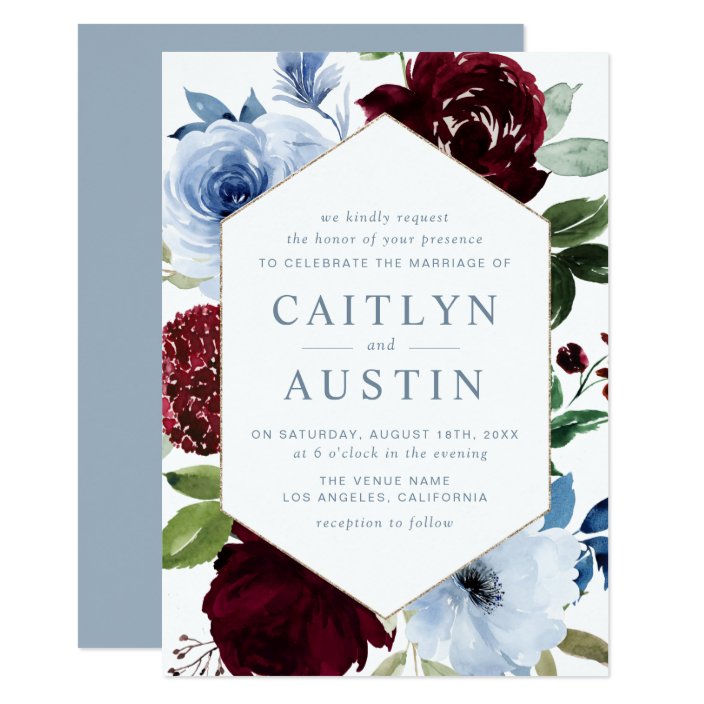 Elegant Dusty blue burgundy flowers wedding Invitation