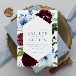 Elegant Dusty blue burgundy flowers wedding Invitation