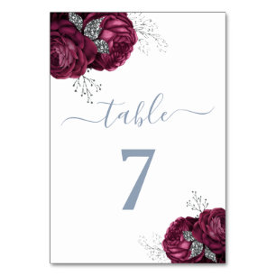 Elegant Dusty Blue Burgundy Peonies Table Number