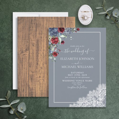 Elegant Dusty Blue Burgundy Wood Script Wedding Invitation